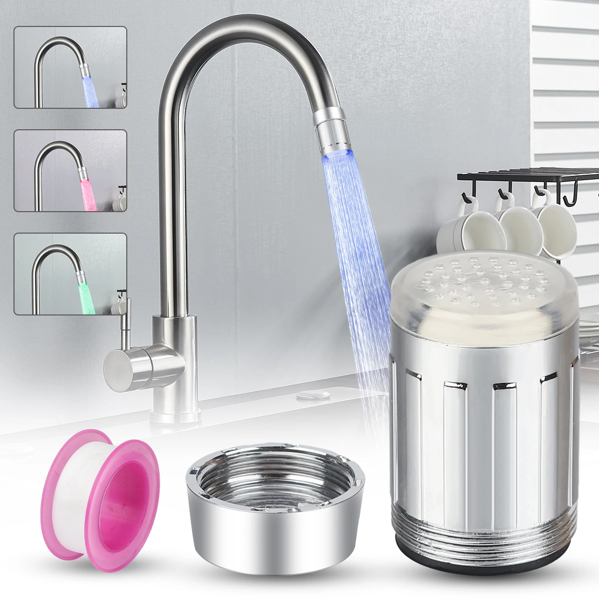 

1pcs LED Temperature Blue Color Sensitive Faucet Water Saving Kitchen Bathroom Sensor Change Faucet Aerator Tap Nozzle Shower