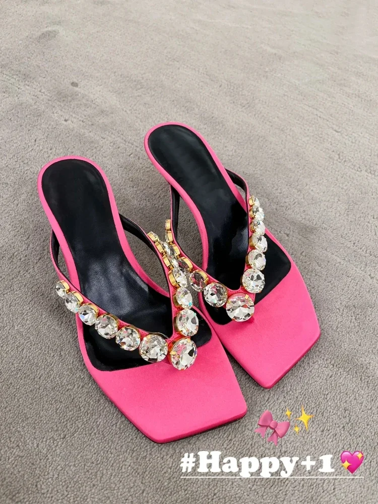 New Type of Herringbone Slippers Fashionable Square Head Clip Feet Slim Heel Sexy Water Diamond Cool Slippers