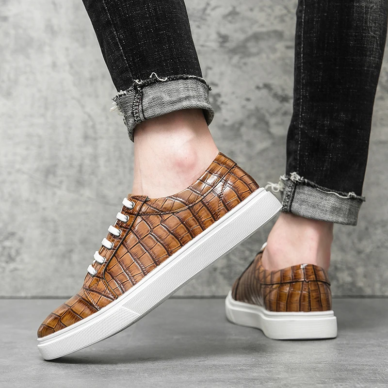 YRZL Men Casual PU Leather Skateblard Shoes Men Design Office Shoes Comfortable Lace Up Big Size Brown Leather Shoes for Men