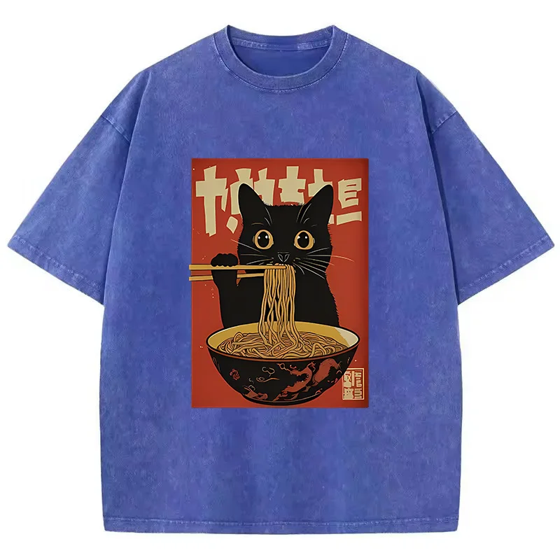 T-Shirt Vintage Washed 100 % Baumwolle T-Shirt Schwarz Retro Cat Eating Ramen Grafik T-Shirt Lässige Streetwear für Frühling Sommer Herbst – Detail 6