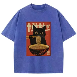 Vintage Washed Retro Cat Ramen Graphic Tee - Black Cotton Streetwear - XXL (Blue)