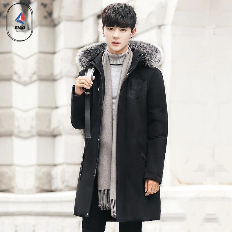 EIAO Winter Fur Collar Down Jacket Men Long High Quality Thick Warm White Duck Down Coat Snow Camping Cold-proof Puffer Jacket