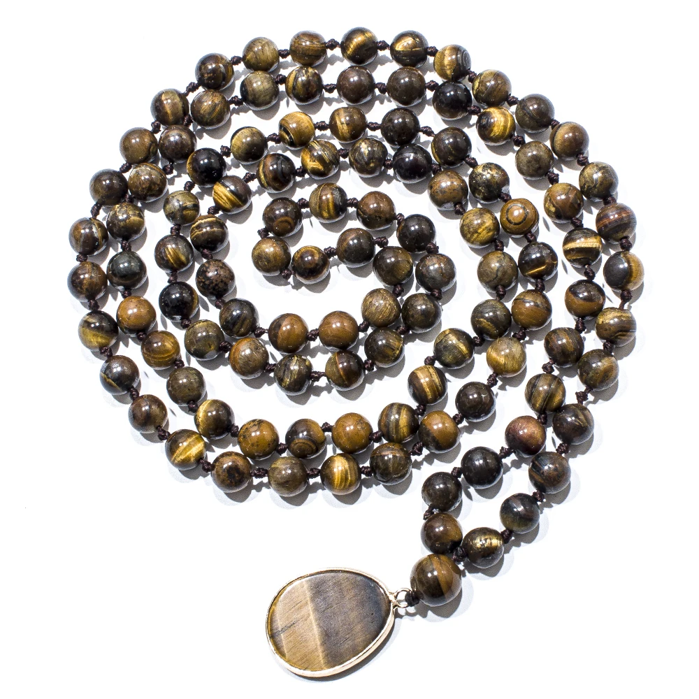 8mm Yellow Tiger Eye Bead Knot 108 Mala Necklace Meditation Yoga Prayer Jewelry Tiger Eye Pendant for Men and Women