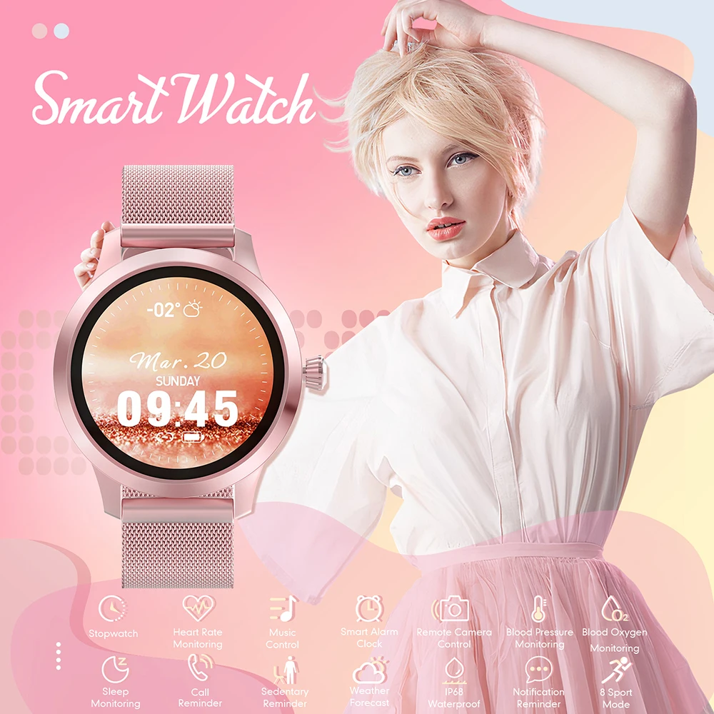 Women Fashion Smart Watch Full Screen Touch Sport Fitness Tracker Watch Heart Rate Blood Pressure for iOS Android Smartwatch