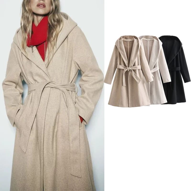 

TRAF 2023 Women Winter Coat Hooded Long Coats For Women Soft Long Sleeve Autumn Woolen Coat Woman Elegant Overcoat Cardigan