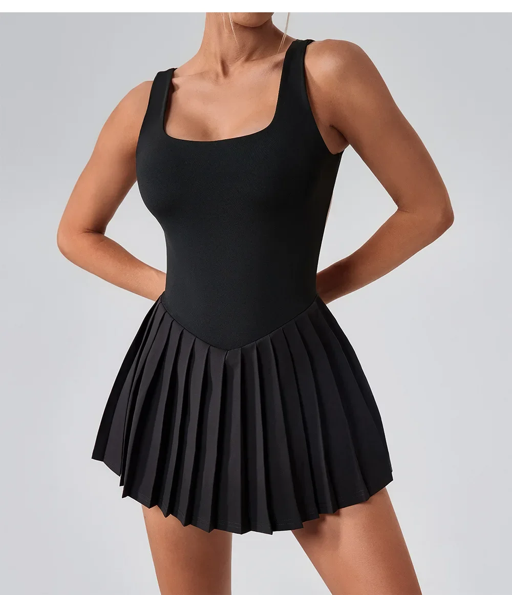 Naked Tennis Dress Hollow Out Backless Women Skirt Jumpsuit Anti Glare Fitness Sports Running Pockets Pleated Skirt Sports Dress