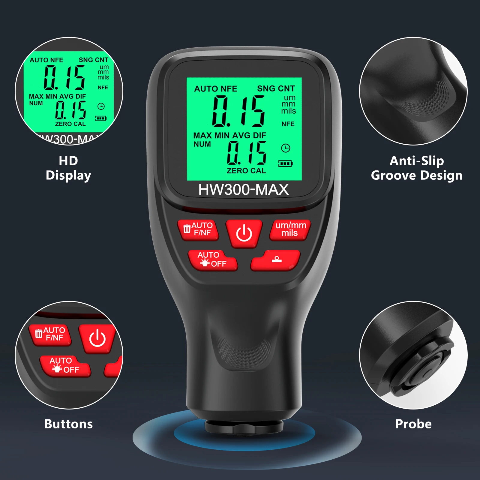 Thickness Gauge 0-2000UM Car Coating Thickness Gauge LCD Automotive Paint Film Tester DFT Meter Cars Measuring Tools HW300-MAX paint coating meter paint thickness gauge thickness gauge