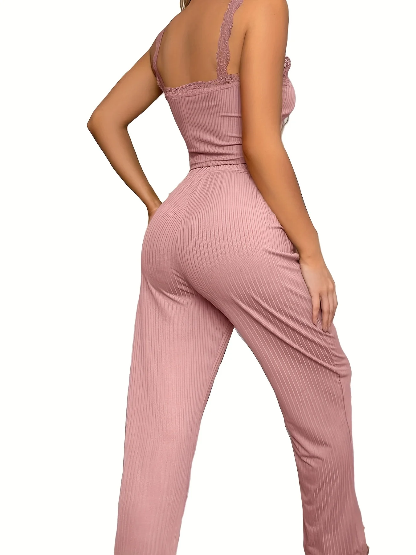 Women Ribbed Pajama Set Lace Trim Camisole Top & Drawstring Pants Sexy Sleepwear Autumn Soft Lounge Homewear