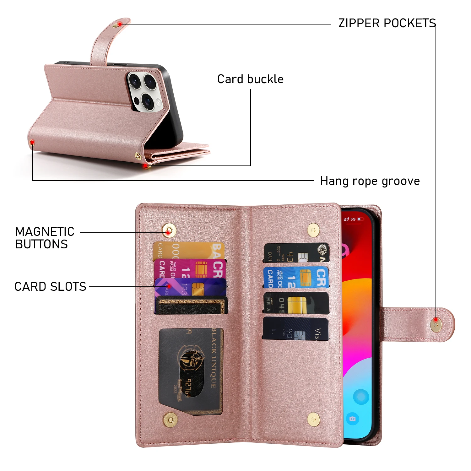 Étui portefeuille en cuir à fermeture éclair pour iPhone 15 Pro Max 16 14 Plus 13 12 11 SE4 XS MAX avec lanière et poche pour cartes_voghion.com