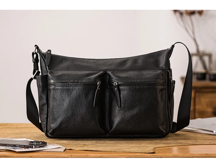 PNDME Casua Sport Luxus echtes Leder Herren Umhängetasche Outdoor-Reise Designer handgemachte Rindsleder schwarze Umhängetasche – Detail 1