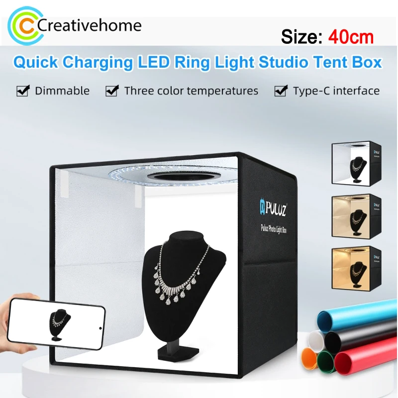 PULUZ 40x40cm Folding Adjustable Studio Box 160pcs LED Ring Light Photo Tent Box Kit with 6 Color Backdrops & Quick Charge USB-C