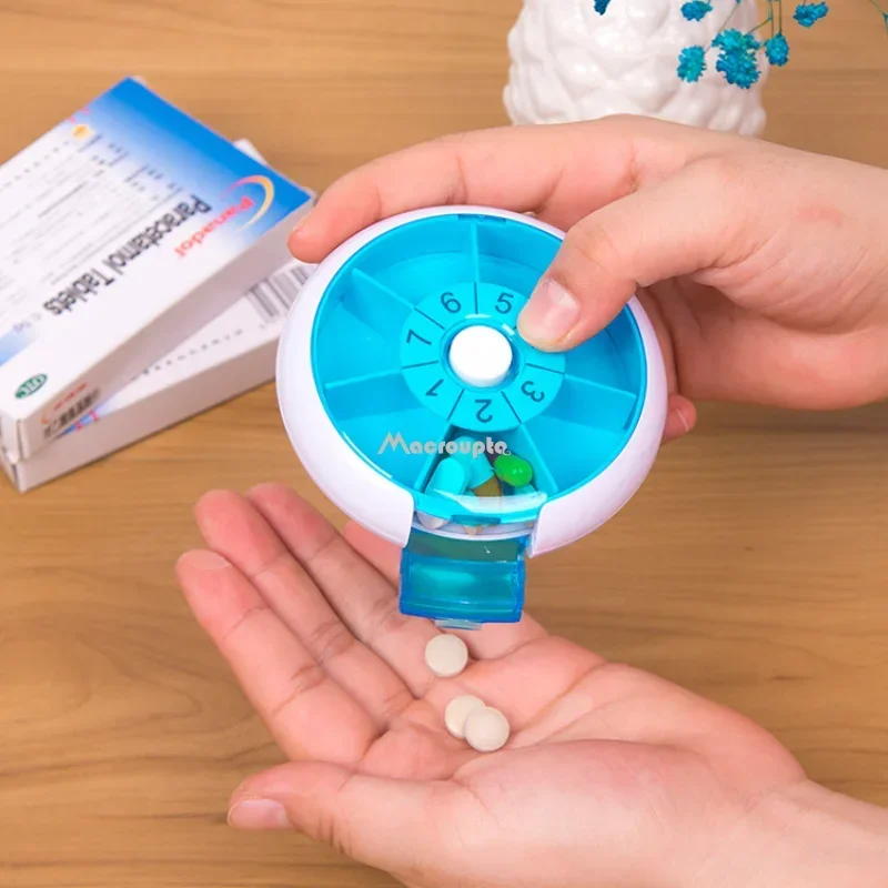 Compact Blue Rotating Pill Organizer - Travel-Friendly Weekly Medicine Case