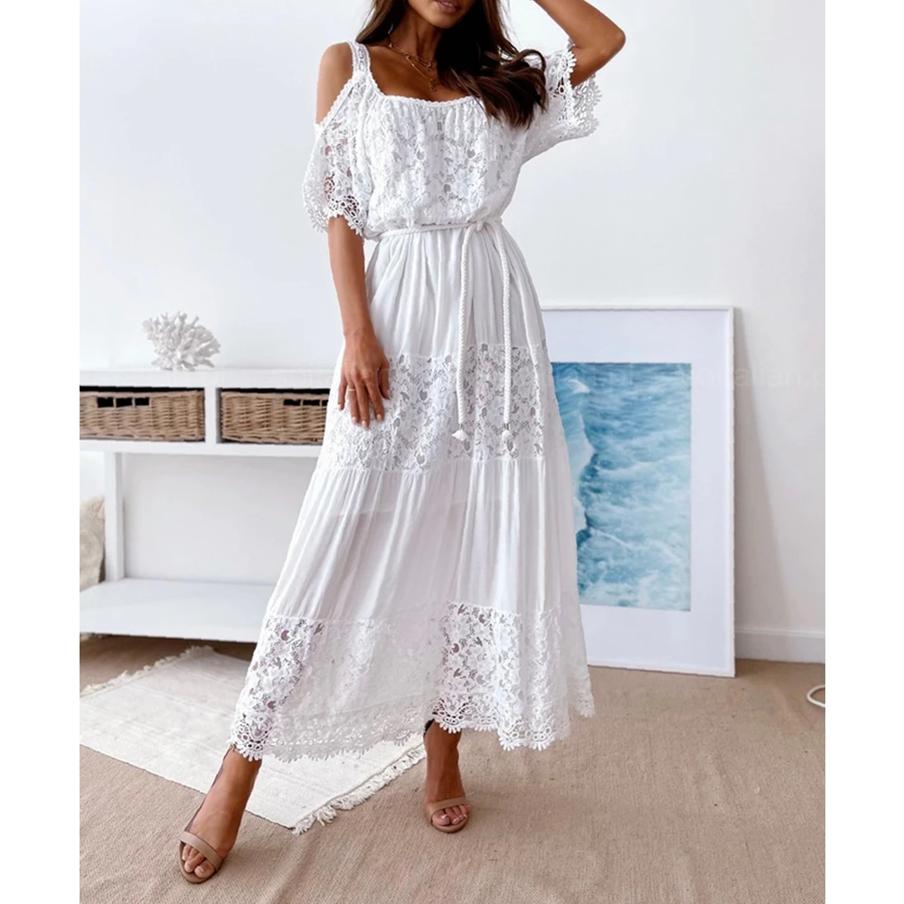 

Wepbel Stitching Cotton and Linen Tied Dress Off Shoulder Lace Dress Women Short Sleeve Solid Color Big Swing Beach Maxi Dress