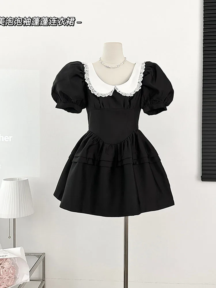 

New Design Lolita Dress Women Lace A-Line Dress Sweet Puff Sleeve Office Lady Kawaii Peter Pan Collar Frocks Black Gothic Casual