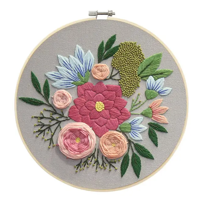 Classic Flowers Embroidery Set Needlework Tools Printed Beginner Embroidery  Kit Round Cross Stitch Kit DIY Sewing Craft Kit