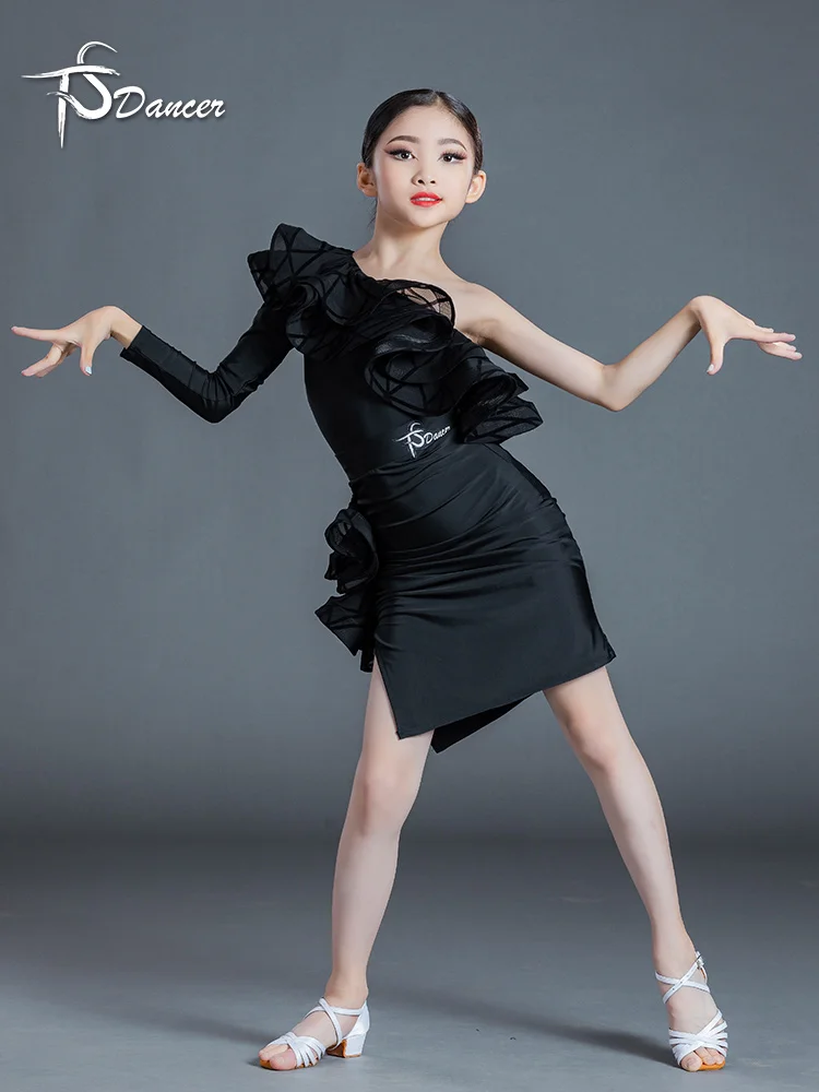 

1pcs/lot Single-Sleeved Ruffled Latin Dance dress girl Stage Ballroom Dacne one shoulder slim dress