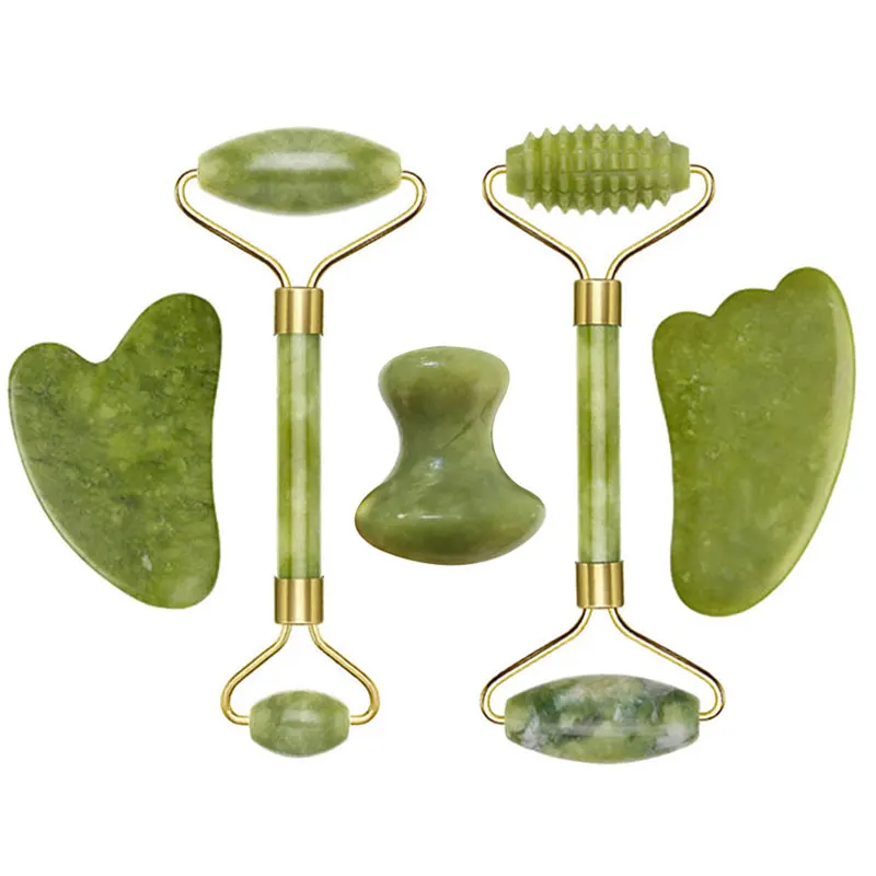 

5pcs Natural Jade Roller Gua Sha Massager For Face Black White Guasha Gouache Scraper Massage Tools Body Facial Skin Care