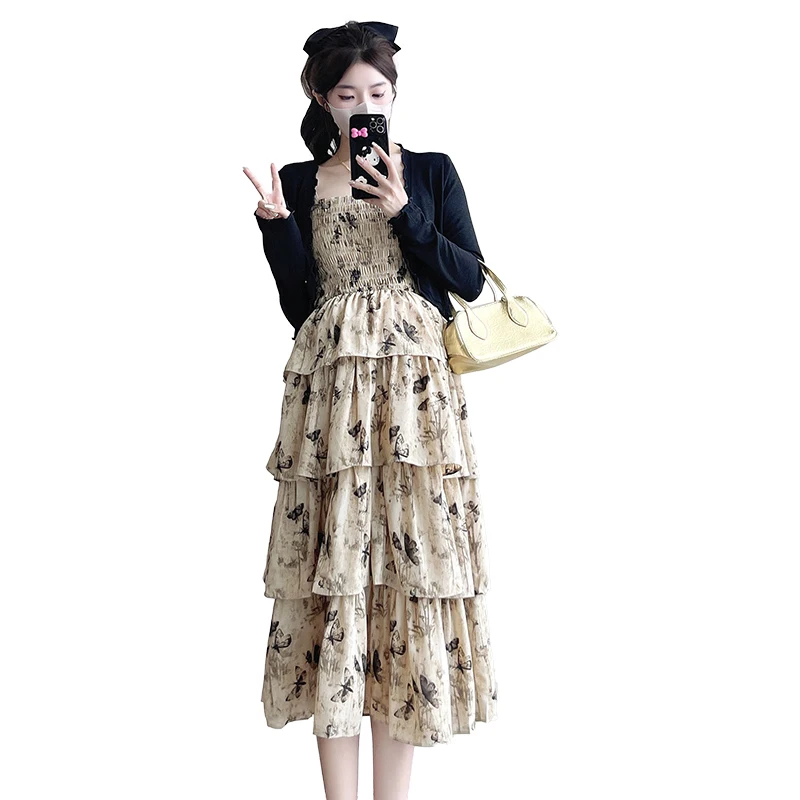 Spring Pregnant Woman Floral Dress Suits Sweet Long Sleeve Cardigans Strap Cake Dress Twinset Fashion Maternity Party