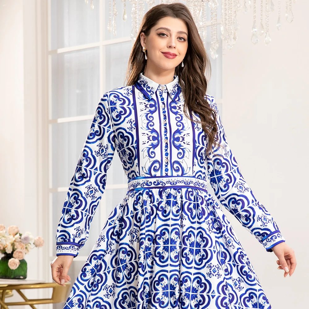 Fridayin Muslim Ramadan Elegant Lapel Blue Blue and White Porcelain Printed Strappy Shirt Sleeves Fashionable Arabic Long Dress