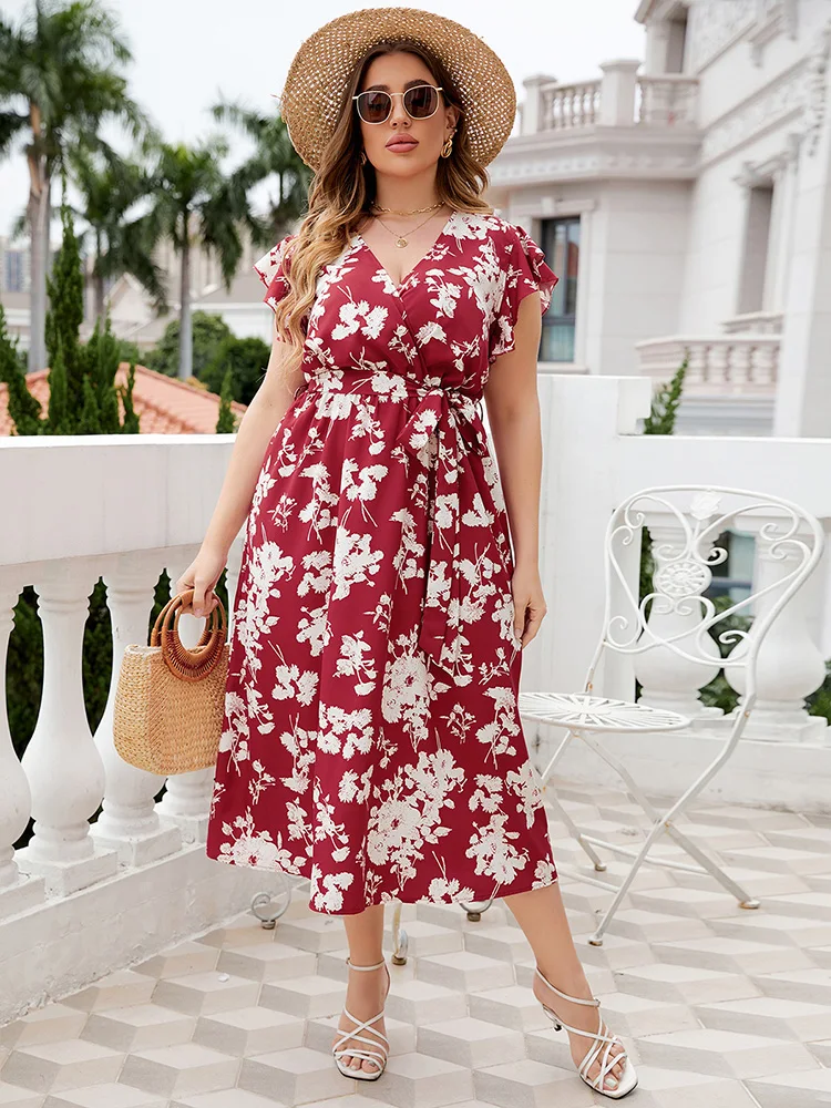 Cheap Women Casual Elegant Plus Size Midi Dresses 2023 New Summer V-Neck Short Sleeve Belted Ruffled Floral Print Boho Clothing