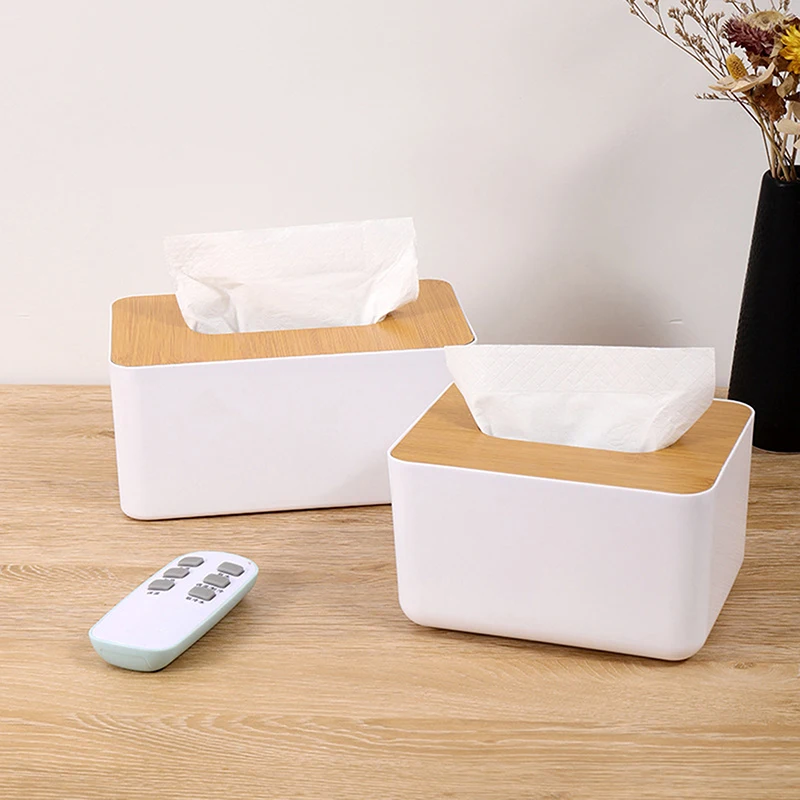 Plastic Tissue Box Wooden Lid Square Napkin Holder Container Wet Tissue Paper Dispenser Case Modern Home Car Organizer 5