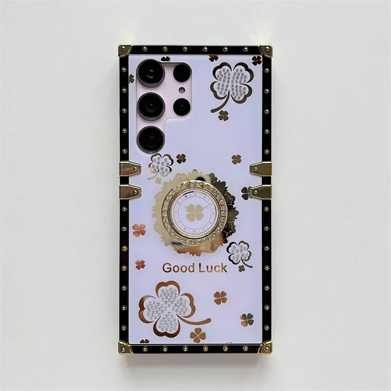 Glitzer Strass Vierblättrige Cl Square Hülle für Samsung Galaxy S24 S23 Ultra S22 S21 Note 20 Fingerring Kickstand_voghion.com