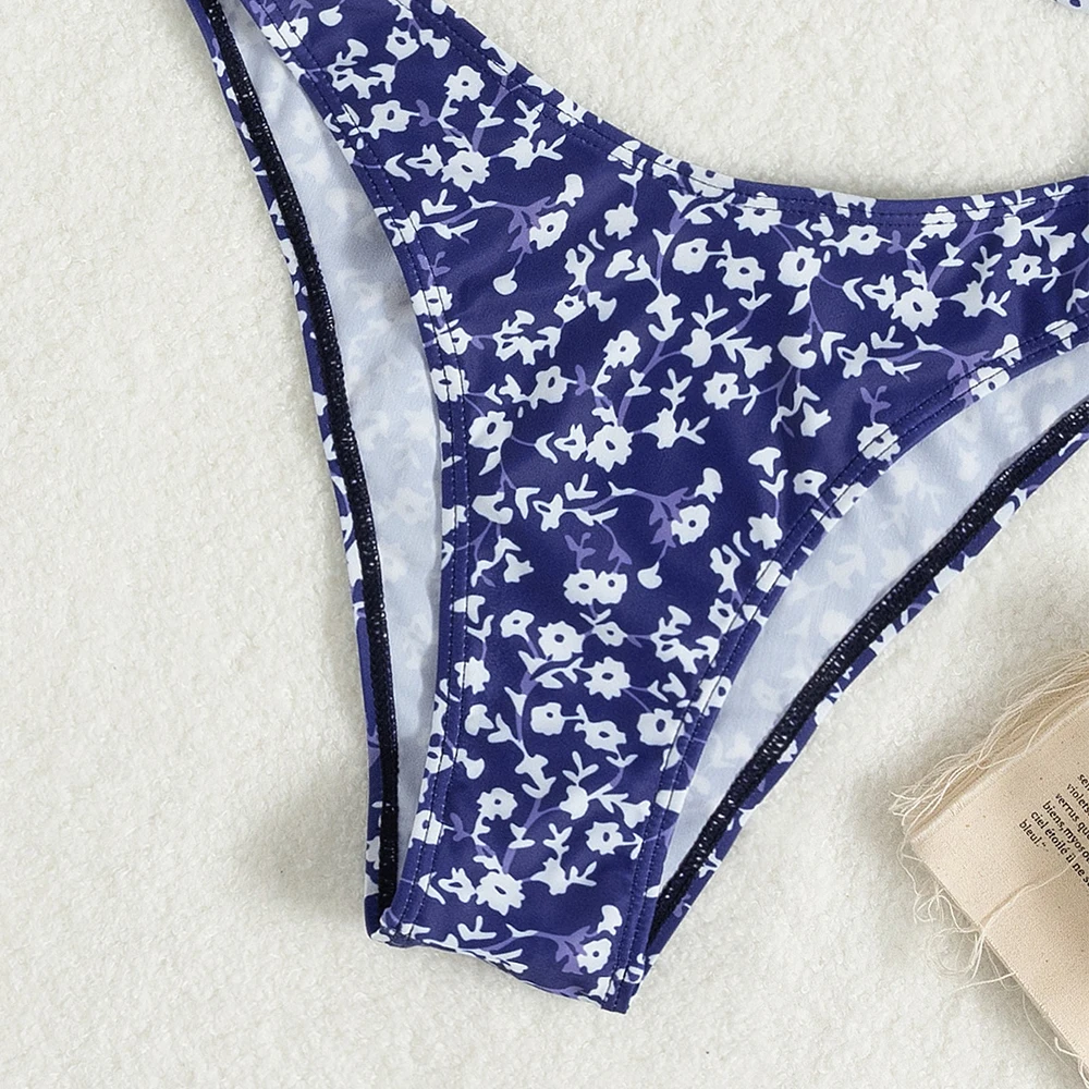 Women Triangle Western Bikini Set Female Floral Double Shoulder Split Swimwear Suit Beachwear 2022 New Beach Bathing Suits