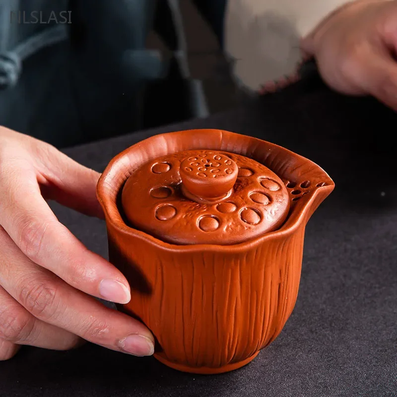 140ml Authentic Purple Clay Teapot Gaiwan Anti-hot Portable Tea Set Handmade Filter Beauty Tea Infuser Ceremony Gifts