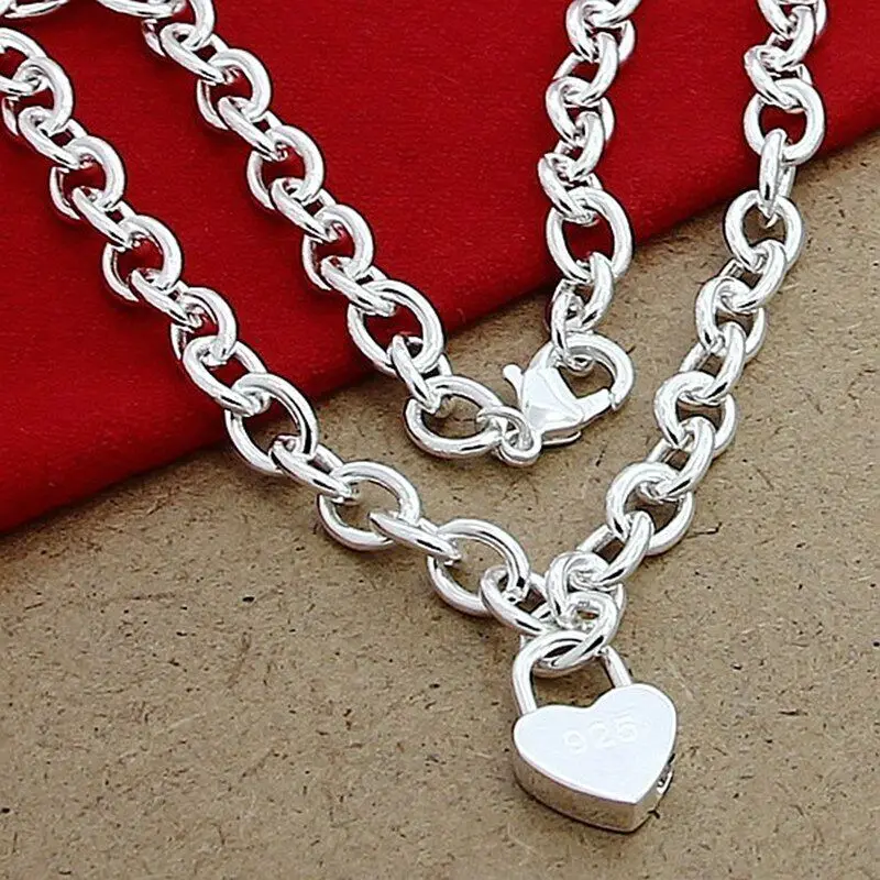 

Captivating Love 925 Sterling Silver Heart Lock Pendant Necklace Chain Jewelry