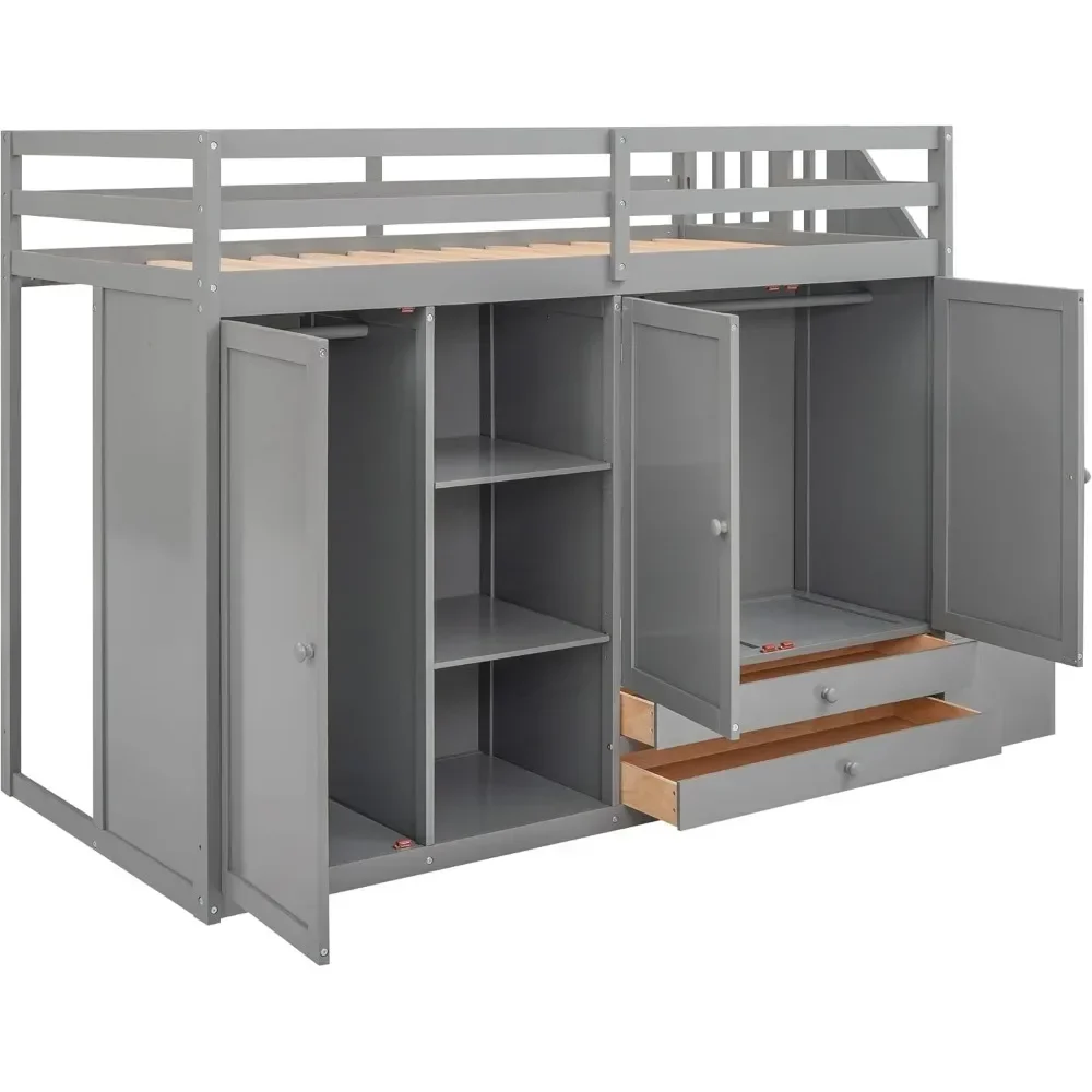 Bed Frame Functional Twin Loft Bed with Stairs 2Drawer and 3 Shelves Twin Size Loft Bed Frame with Wardrobe No Box Spring Needed 4