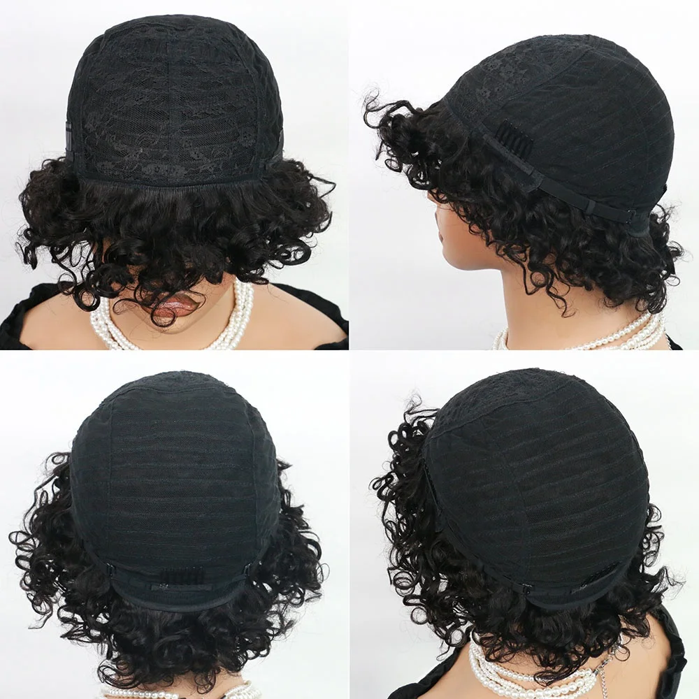브라질리안 숏밥 픽시컷 가발 아프로 곱슬머리 가발 앞머리 있는 흑인 여성용 자연스러운 풀머신 메이드 인모 가발