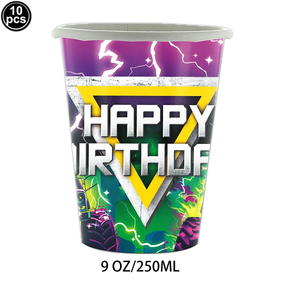 Monster Truck Racing Disposable Tableware Kid Birthday Table Decorations Paper Plate Cup Napkin Monster Truck Wheel Tire Balloon
