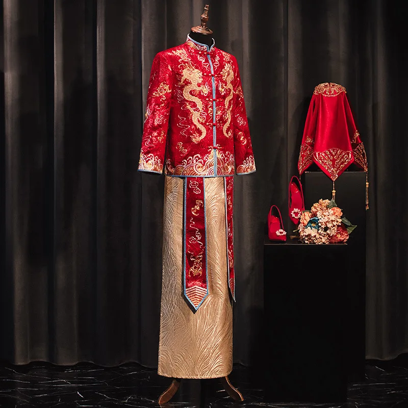 

Chinese Vintage High Quality Dragon Embroidery Tang Suit Clothing Traditional Bridegroom Beat Man Wedding Dress