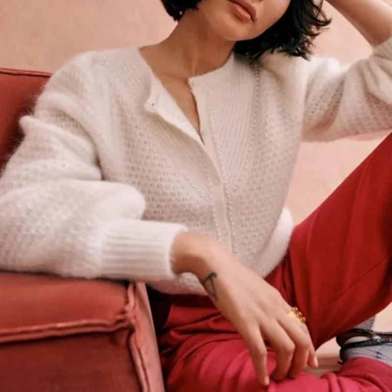 

2023 Autumn Handmade Beaded Decorative Puff Sleeve Wool Blended Women Knitted Cardigan Sweater