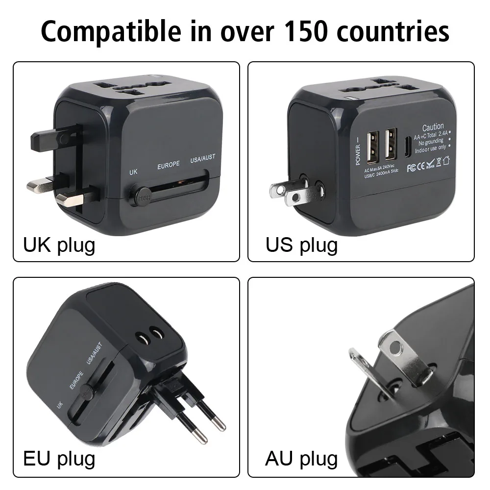 US EU UK AU plug Universal All-in-one Wall Charger Travel Charger 6A with 2 USB Port and 1 Type C Travel Adapter
