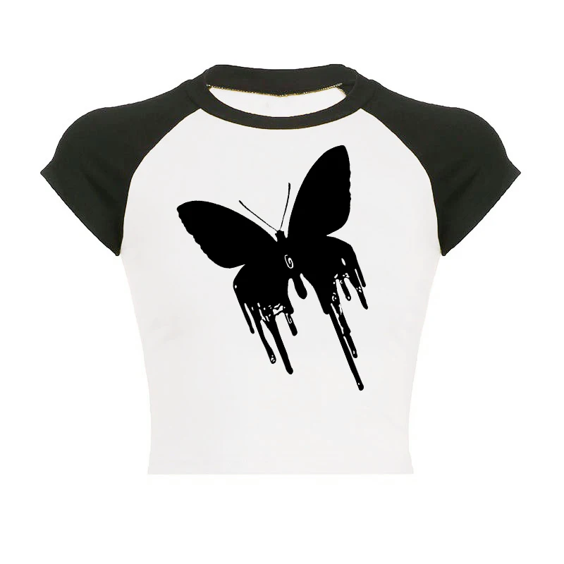 

Summer sexy V-collar blouse Harajuku leisure black butterfly printed short-sleeved blouse women's gothic summer T-shirt. Shirt