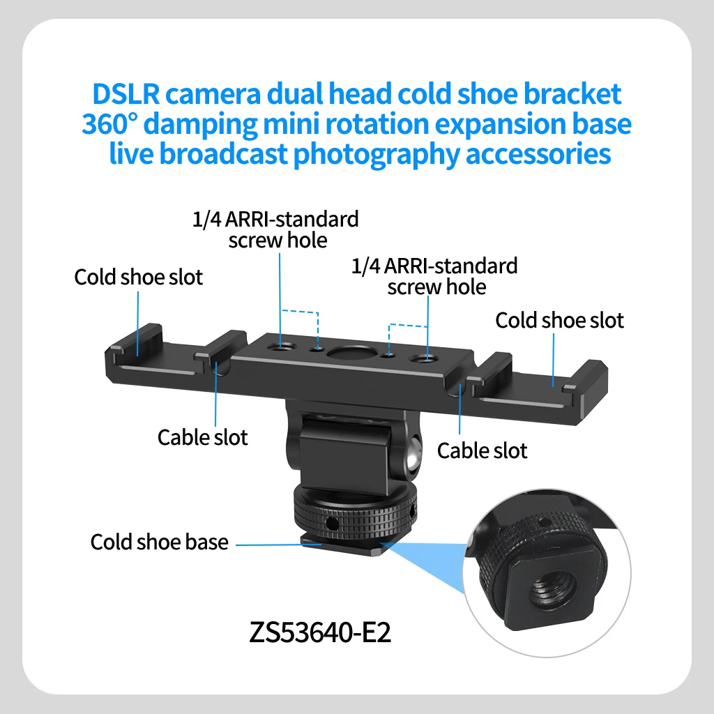 Double Cold Shoe Adapter 1/4 ARRI Mount Extension Bar 360 Rotatable Bracket for