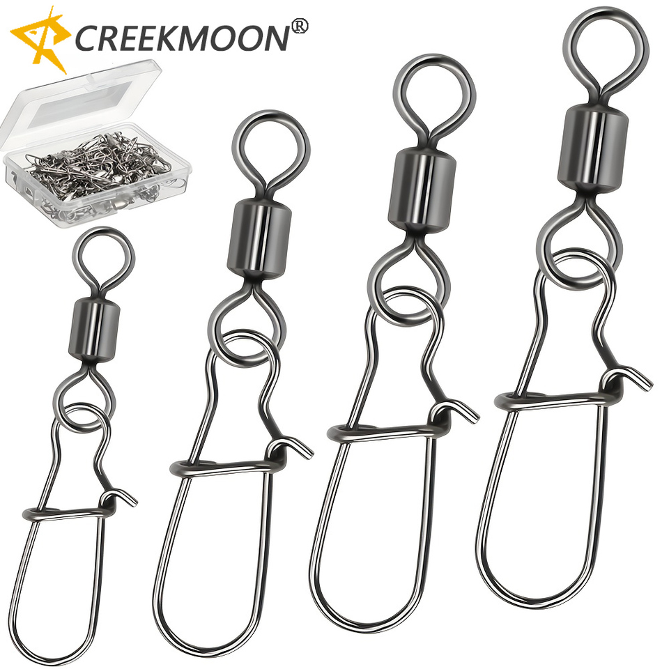 50pcs/box Heavy-Duty Ball Bearing Fishing Swivels Snaps with 8-Shaped Swivel Rings Stainless Steel for Saltwater Lure Connector