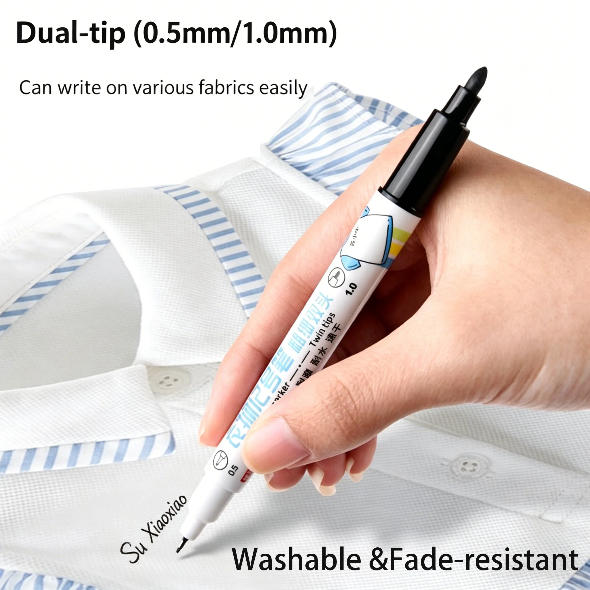 8색 패브릭 페인트 펜&듀얼 팁 패브릭 마커(0.5/1.0mm, 블랙), 세탁 가능, 변색 방지, 속건성, 의류 DIY용