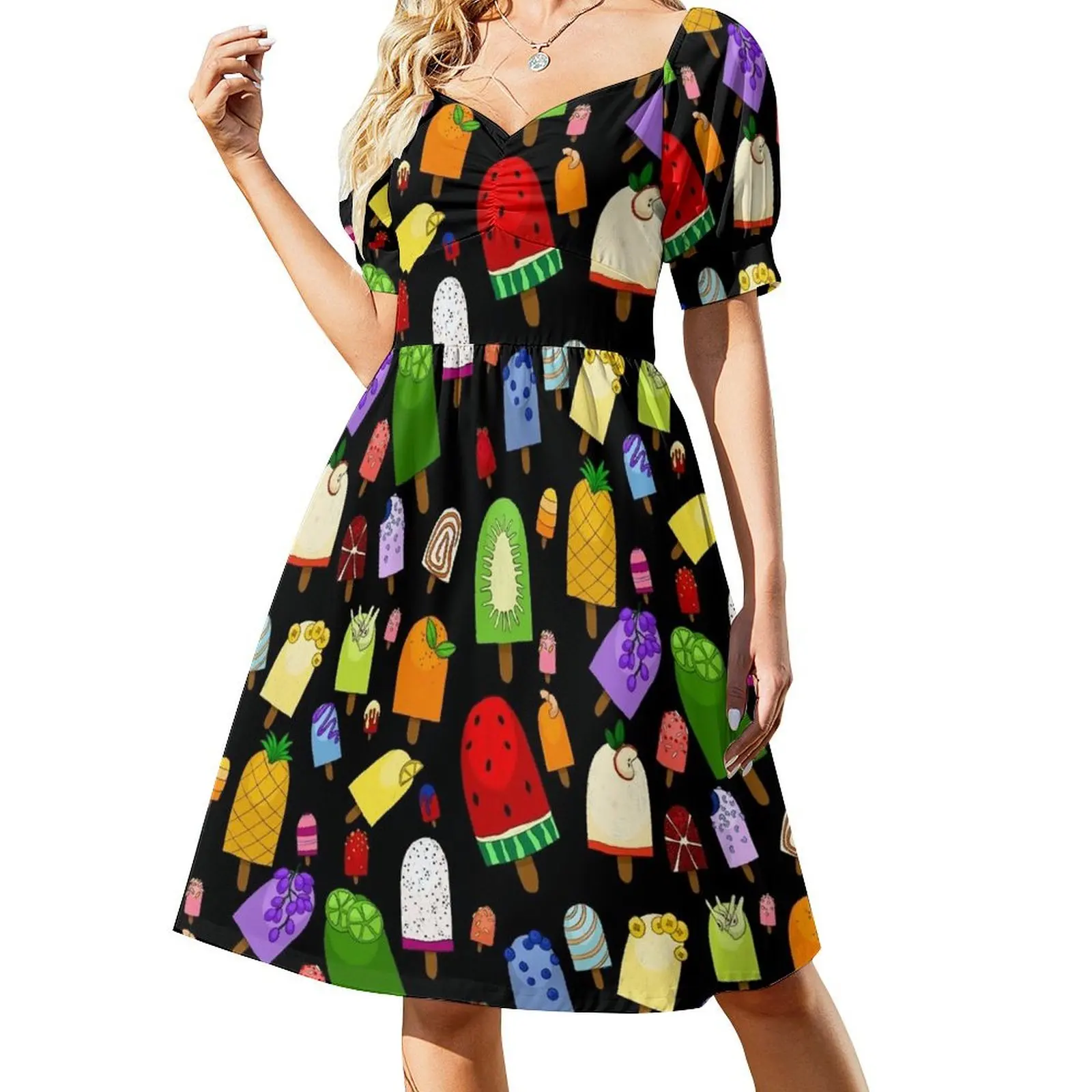 thumbnail image 1 of Vestido de fiesta de lujo para mujer, de manga corta, con estampado de paletas y frutas, para playa, 1 of 7