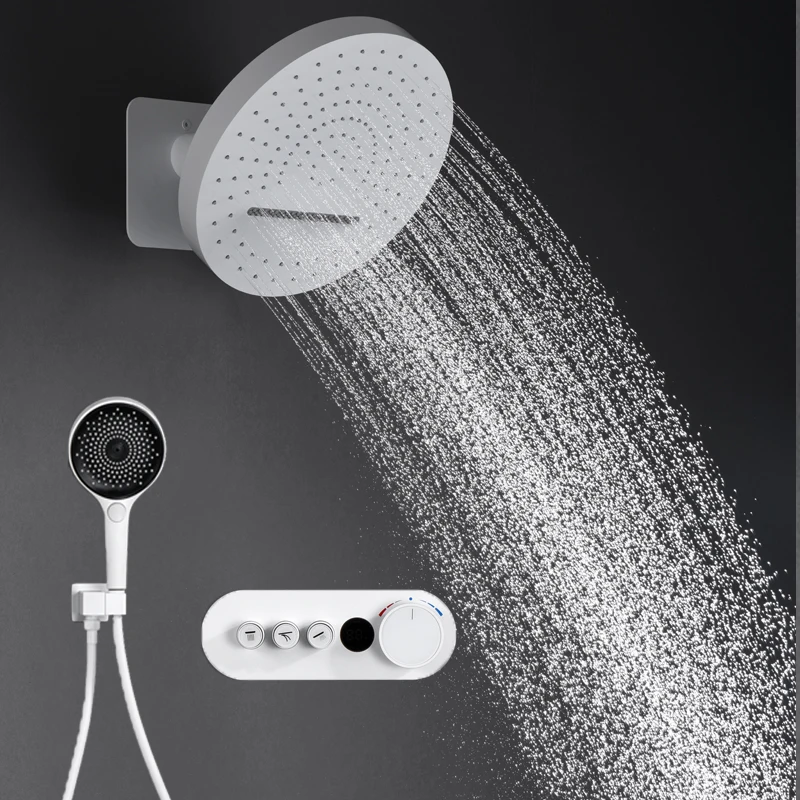 

2024 Wall Mounted Round White Shower Set Rainfall 2 Functions FhowerHead Thermostatic Digital Valve