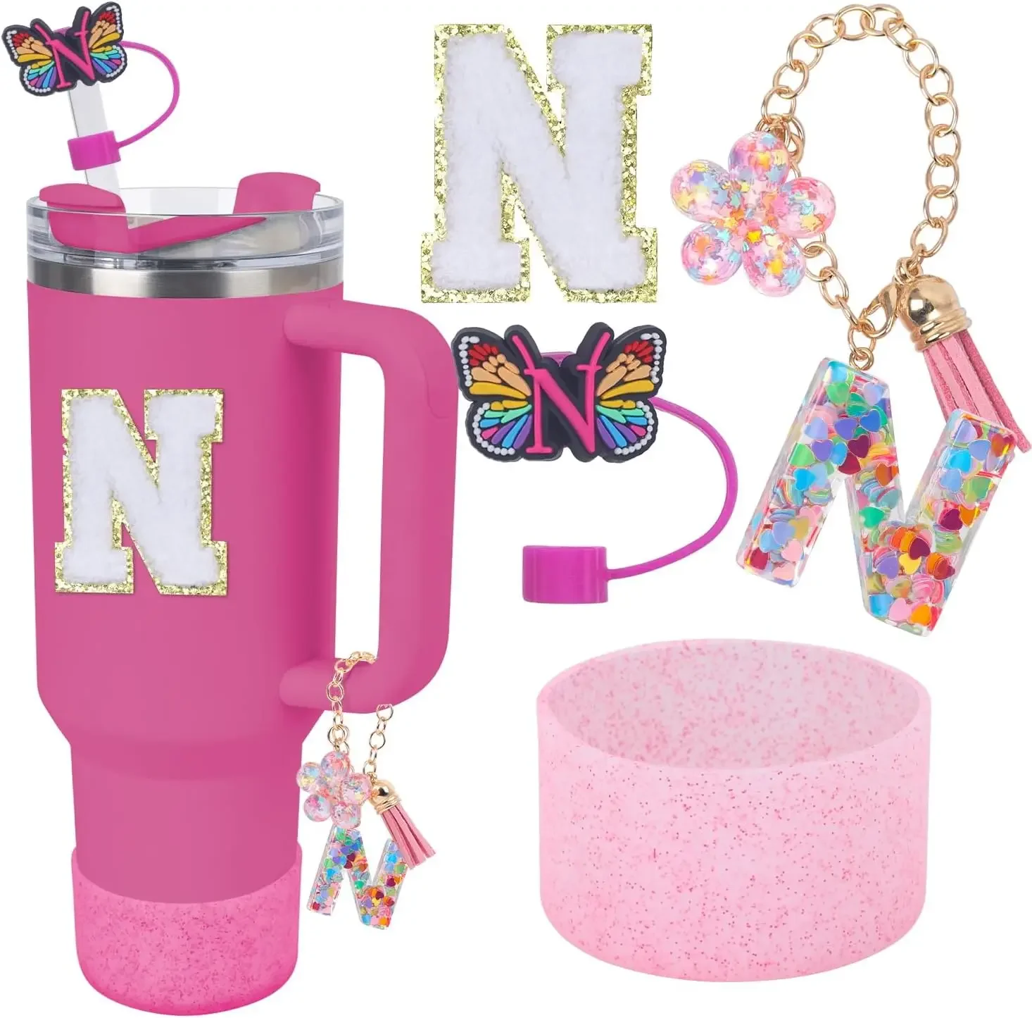 ZOSIX Charm Lettera Per Stanley Cup Con Manico - Accessorio Portachiavi Rosa Con Catena, Nappa E Farfalla