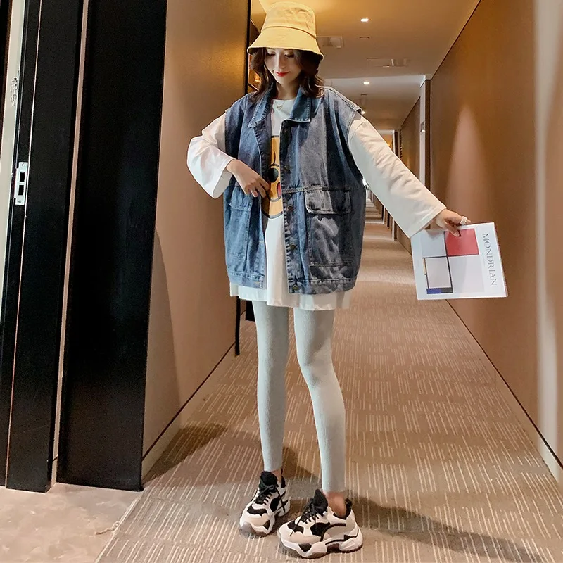 Spring and Autumn Korean Style Loose Maternity Denim Vest Sleeveless Turn-down Collar Button Fly Pregnant Woman Jackets