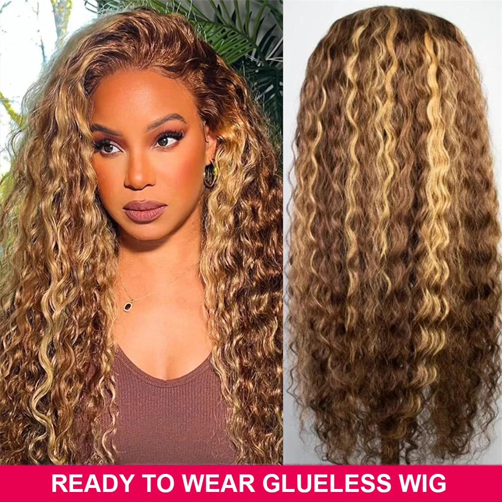 Ready to Wear Glueless Wig Highlight Deep Wave 5x5 HD Lace Closure Wigs Pre Cut Lace for Women P4/27 Honey Blonde Pre Plucked