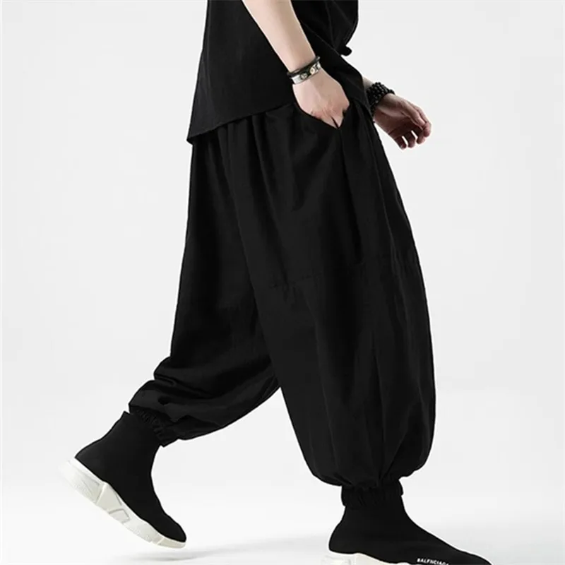 남성용 와이드 레그 팬츠, 다크 윈드 블랙 캐주얼 바지, 스트리트웨어 스타일 하렘 바지, 루즈 코튼 린넨 랜턴 바지, 여름 신상