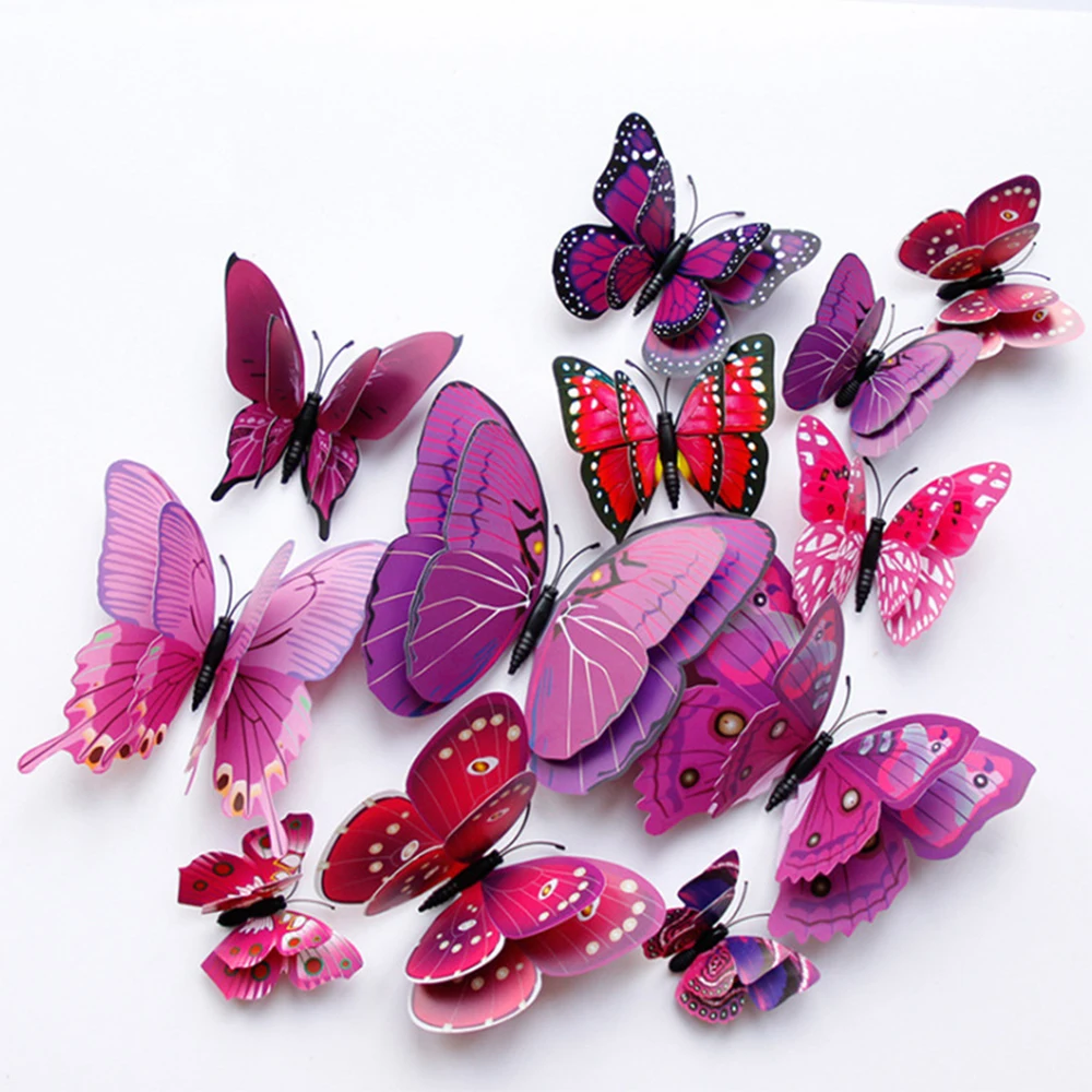 12Pcs Double Layer Butterfly Decal Art Wall Sticker Room Multicolor 3D Butterflies Home Decor DIY Magnet Fridge Wallpaper Decor