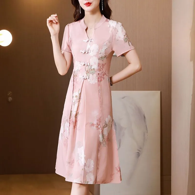 2023 pink Print Silk Satin Short Sleeve Midi Dress Women Vintage Asian-style cheongsam Vestidos Summer Elegant Dress 2