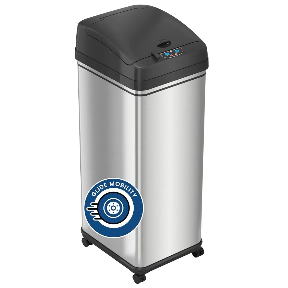 Rolling 13 Gallon Sensor Kitchen Trash Can with Lid and Wheels, Odor Filter, Stainless Steel, Automatic Kitchen Trashcan Garbag