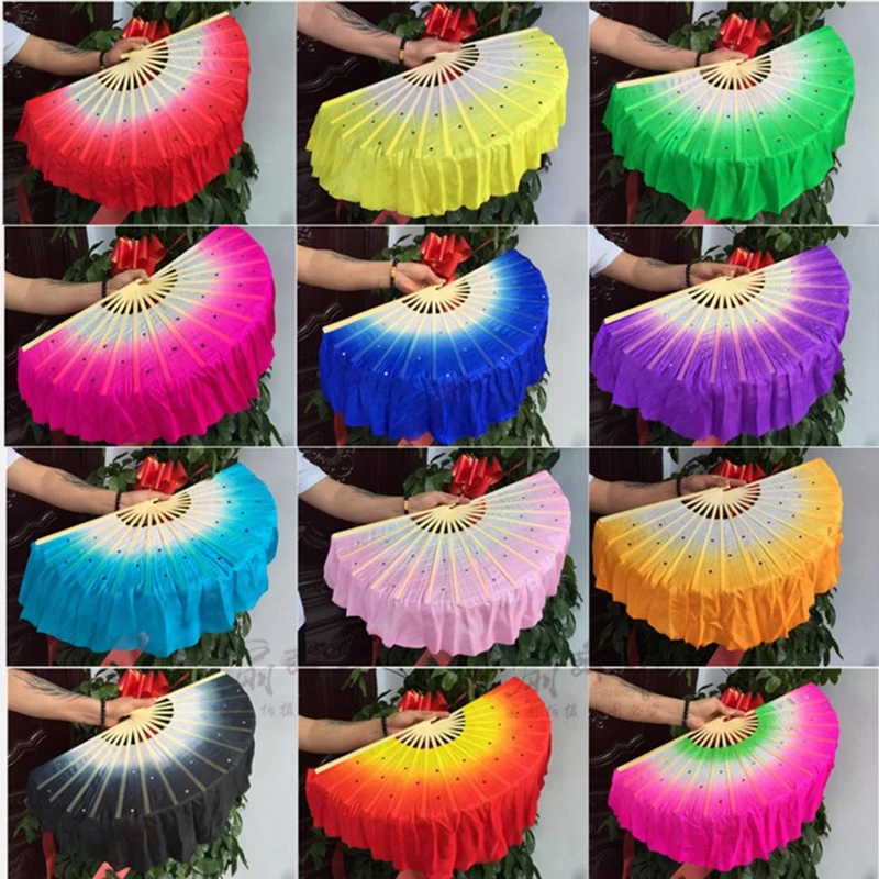 

1pair (L+R) Chinese Real Silk Bamboo Ribs Fan Veils nice Belly Dancing silk short Fans Stage Performance Fans Props 12 colors