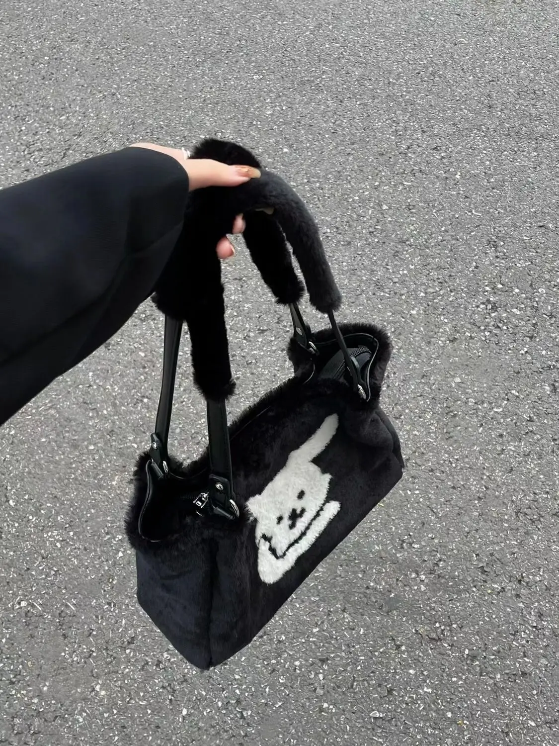 JIAERDI Harajuku Black Tote Bag Women New Autumn Plush Animal Pattern Casual Shoudler Bag Female Vintage Black Underarm Bag Y2k